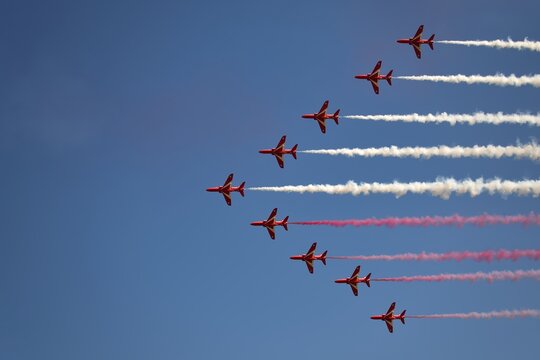 Gdynia, Poland - August 21, 2021: The Royal Air Force Aerobatic Team of the United Kingdom at the Aero Baltic show in Gdynia, Poland.