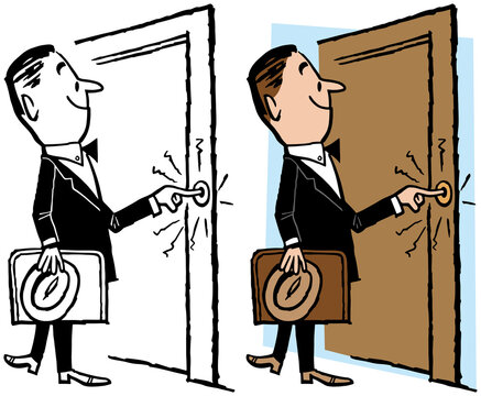 A vintage retro cartoon of a business salesman ringing a doorbell. 