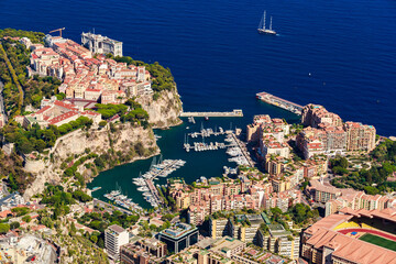 Aerial view of port Fontvieille at sunset, Oceanographic Museum of Monaco, South France, a lot of...