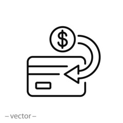cash back on the card bank icon, gift bonus or rebate money, financial refund, thin line symbol on white background - editable stroke vector illustration