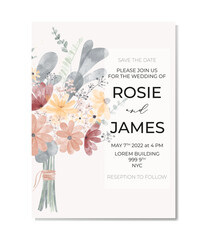Botanical wedding invitation card template design, pink, orange wildflowers and green leaves bouquet with frame on light beige background, pastel vintage theme