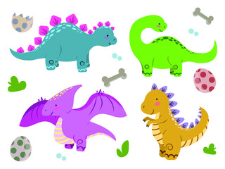 Set of colorful dinosaurs. Flat vector illustration. 