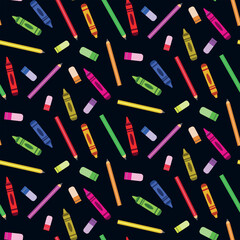 Cute colorful crayons, pencils and erasers seamless pattern on black background. Great for school projects, stationary, posters, textile and gift wrapping paper
