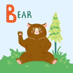 Obraz na płótnie Canvas Cute bear cartoon vector illustration. Grizzly bear isolated on green grass with tree forest