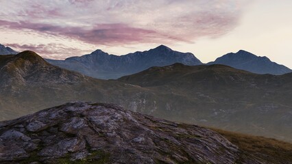 Mountainous highlands landscape against a dawn sky, 3D Illustration, 3D Rendering