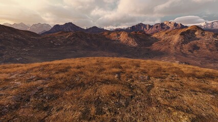 Mountainous highlands landscape against a sunset sky, 3D Illustration, 3D Rendering