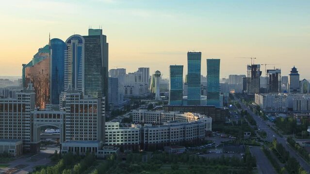 Elevated morning view over the city center and central business district timelapse, Kazakhstan, Astana