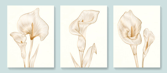 Luxury art background with golden calla flowers in art line style. Botanical poster with watercolor leaves in art line style for decor, design, wallpaper, packaging - 498641898