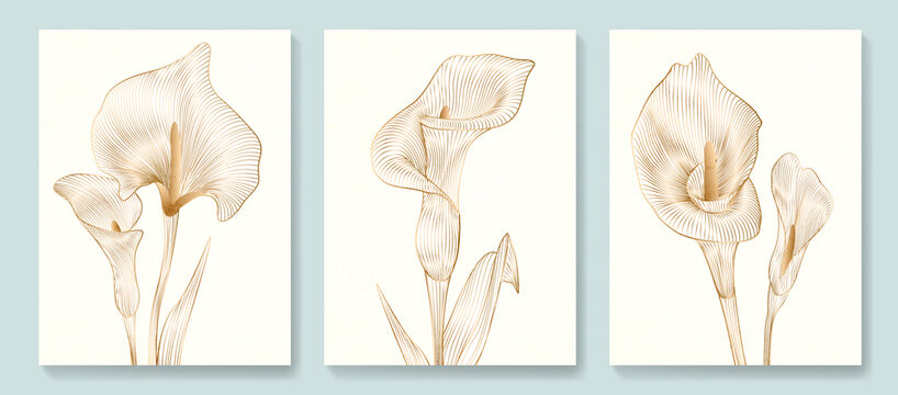 Luxury art background with golden calla flowers in art line style. Botanical poster with watercolor leaves in art line style for decor, design, wallpaper, packaging