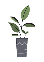Flowerpot with leaves. Plant in gray vase, minimalistic design for apartment or house. Modern design elements for cafes or restaurants, social media stickers. Cartoon flat vector illustration