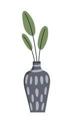 Flowerpot with leaves. Tall gray vase with plant, abstract pattern and luxury elements for house and restaurant. Social media stickers, icons for florist shop. Cartoon flat vector illustration