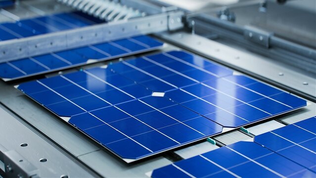 Solar Panel Cells are  Being Moved and Tested on Conveyor during Solar Panel Production Process on Advanced Factory