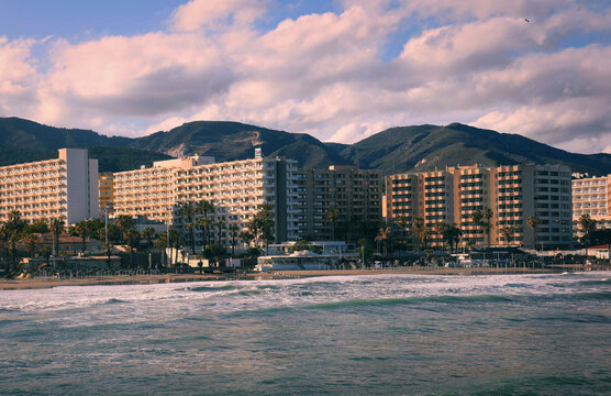 Beautiful morning scenery 9f Banalmadena coast with hotels and sandy beach in Malaga, Spain 