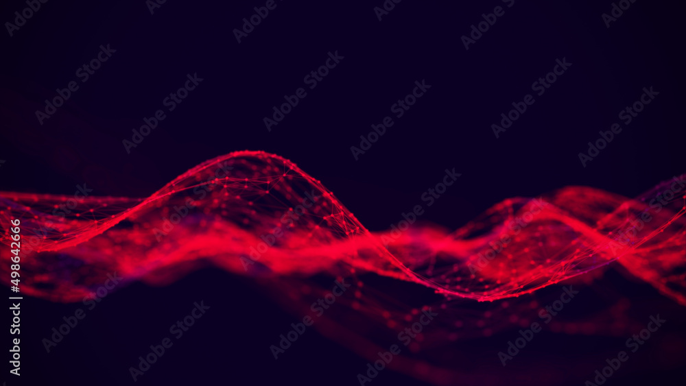 Poster Red low poly shape with connecting dots and lines on black background. Abstract polygonal space, dark background with connecting dots and lines. 3d rendering. Big data visualization.
