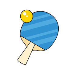 Blue ping-pong paddle or table tennis racket with ball isolated cartoon vector icon