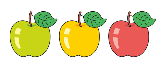 Green, yellow and red apple fruit with leaf isolated cartoon vector.