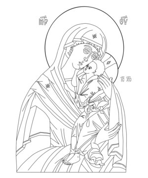 Orthodox icon of Virgin. Holy Mother, God Mother of God Queen of Heaven with Jesus Christ Child. Eleusa, Linear hand drawing. Vector illustration icon Virgin Mary tenderness
