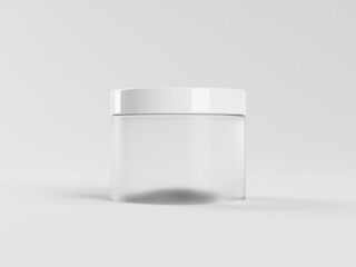 3d render of glass matte jar with empty label. Make up or skin care cosmetics. White lid in and white studio background. e-commerce mockup