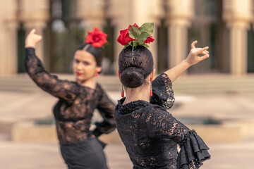 Flamenco ballerina on her back with bun hair and a rose on her head
