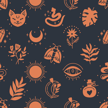 Seamless pattern of Mystical and Astrology objects in boho style. Trendy vector illustration. Hippie chic background. Good for fabric, wrapping, textile, wallpaper, apparel.