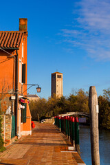 View of the Devil's Bridge and the bell tower on the island of Torcello