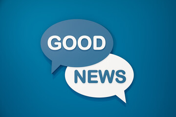 Good news. Sign, speech bubble, text in white and blue against a blue background. Message, Phrase, Information and saying concepts. 3D illustration