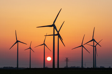 Windräder bei Sonnenuntergang bei Schülp in Dithmarschen, Schleswig-Holstein, Deutschland. Mit...