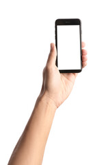Male hand with mobile phone on white background