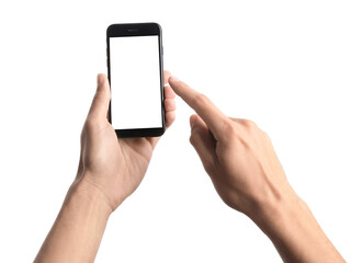 Male hands with mobile phone on white background