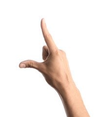 Young male hand showing something on white background