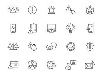 Warn alert line stroke icon. Risk error caution sign inforamtion. Danger safety alarm icon set