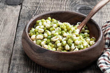 Sprouted mung beans in wooden bowl on rustic table