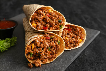Slate plate with tasty burritos and sauce on dark background, closeup