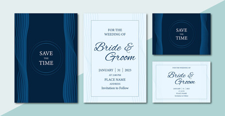 Abstract wave line art pattern navy blue shade theme wedding invitation template