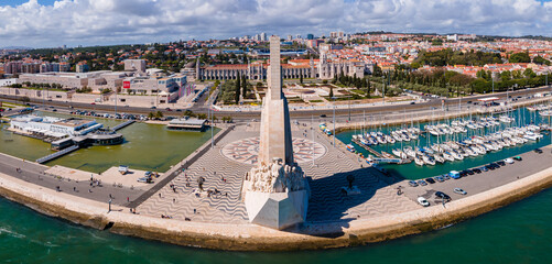 Aerial View of the Monument to the Discoveries, or Padrão dos Descobrimentos, located in Belém in Lisbon, Portugal - obrazy, fototapety, plakaty