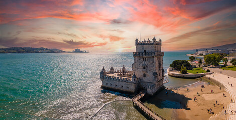Aerial view of Tower of Belem at sunset, Lisbon, Portugal on the Tagus River. - Powered by Adobe