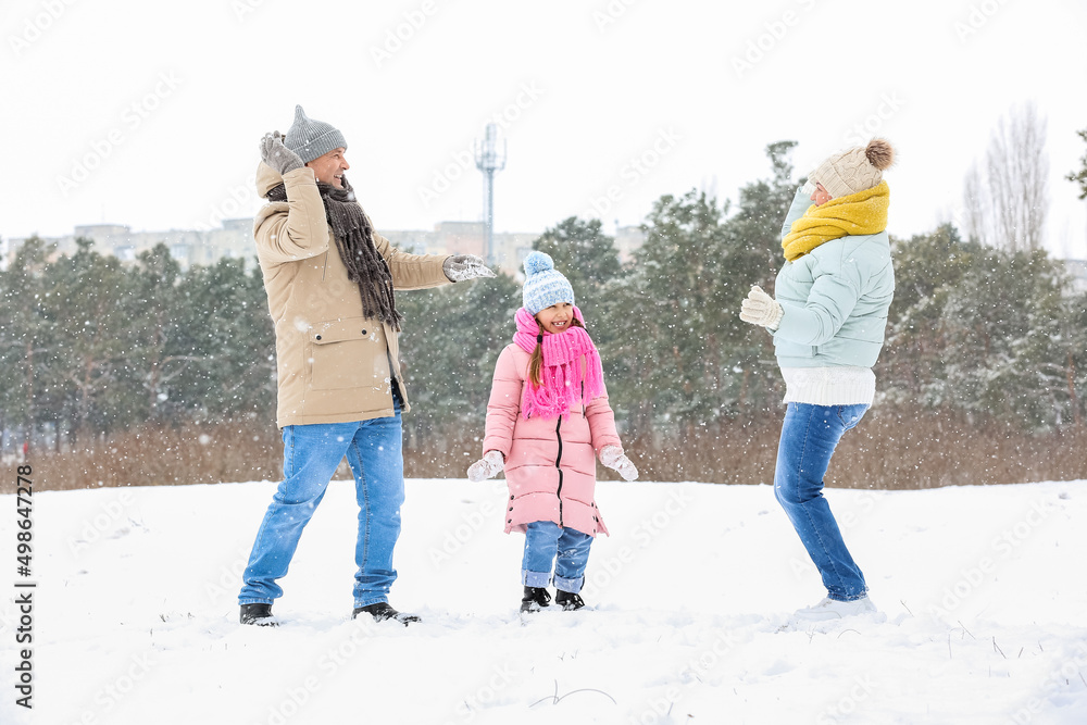 Canvas Prints little girl and her grandparents throwing snowballs on snowy winter day