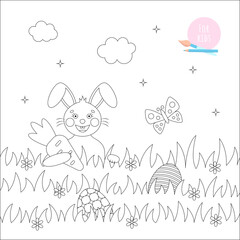 Easter coloring page for kids. Cute rabbit with a carrot on a lawn. Illustration in a flat style. 