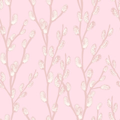 Light pink seamless pattern of twigs of flowering willow © tinkerfrost
