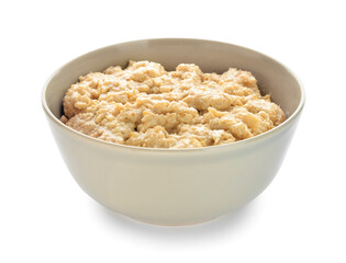 Bowl of healthy oatmeal on white background