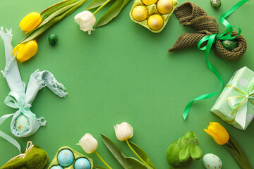 Frame made of tulip flowers, eggs and gift on green background