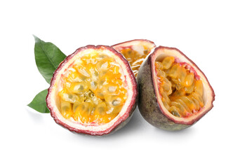 Delicious cut passion fruits on white background