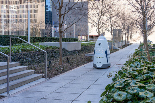 Houston, TX, USA - February 27, 2022: A Knightscope  security robot is seen in downtown Houston. Knightscope is an American security camera and robotics company. 
