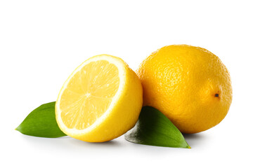 Lemons with leaves on white background