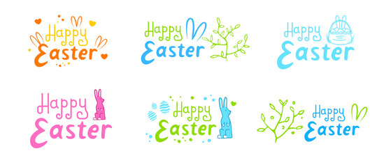 A set of Easter inscriptions. Emblems for Easter badges and Labels. Inscription with bunny ears, rabbits, eggs and texture graphics. Isolated on white background. Vector graphics