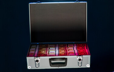 suitcase with money open metal suitcase with money with red highlights and empty space for text on...