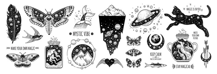 Fototapeta Tattoo art. Vector surreal astrology. Universe space tattoo print. Magic witch astronomy graphic with moon, star, moth, cat, saturn. Sketch boho mystic illustration. Vintage esoteric surreal art obraz