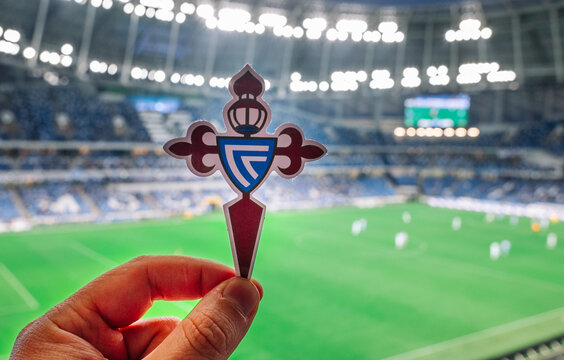 September 12, 2021, Vigo, Spain. The emblem of the RC Celta de Vigo football club against the background of a modern stadium.