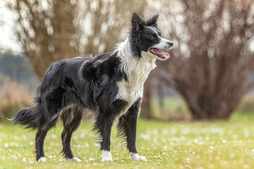 Portrait of a happy border collie dog on a meadow in spring outdoors