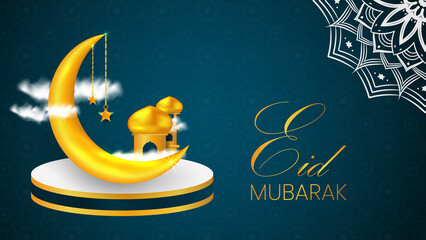 Eid Mubarak greeting with lamp, moon, and mosque beautiful background free vector template